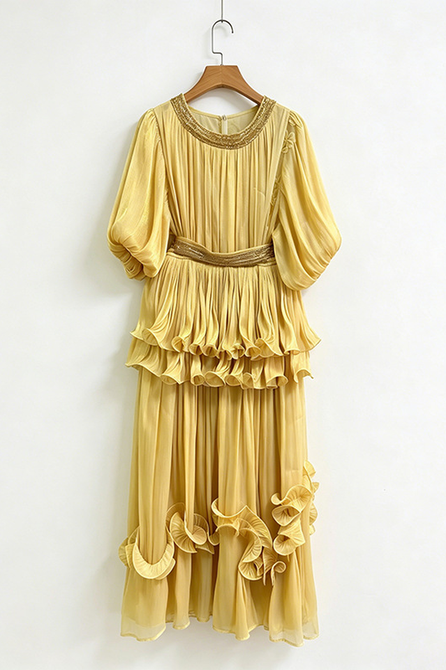 Shiny Lantern Sleeve Tiered Maxi Dress