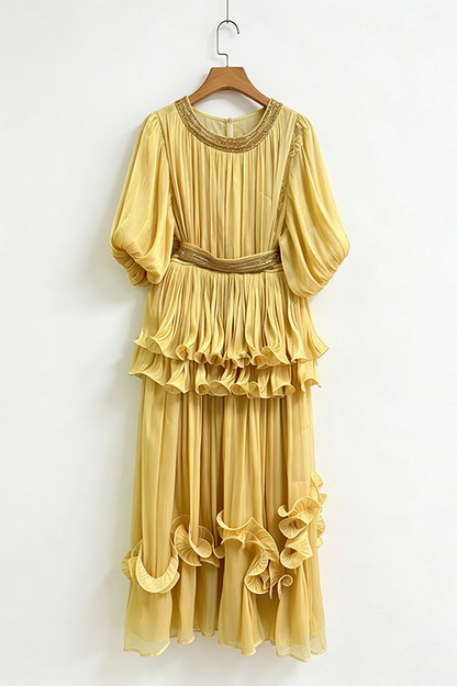 Shiny Lantern Sleeve Tiered Maxi Dress