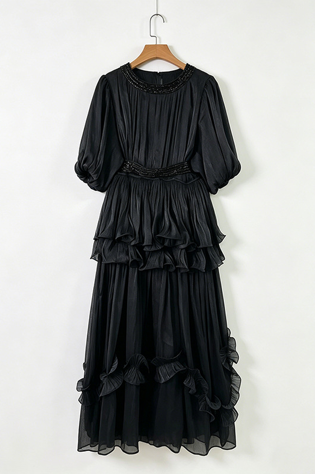 Shiny Lantern Sleeve Tiered Maxi Dress