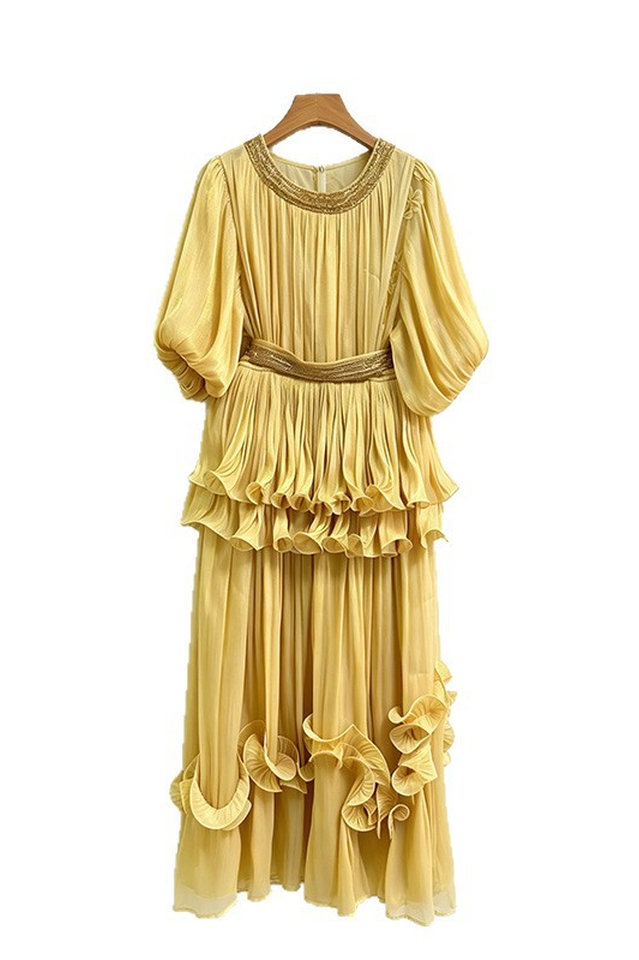 Shiny Lantern Sleeve Tiered Maxi Dress