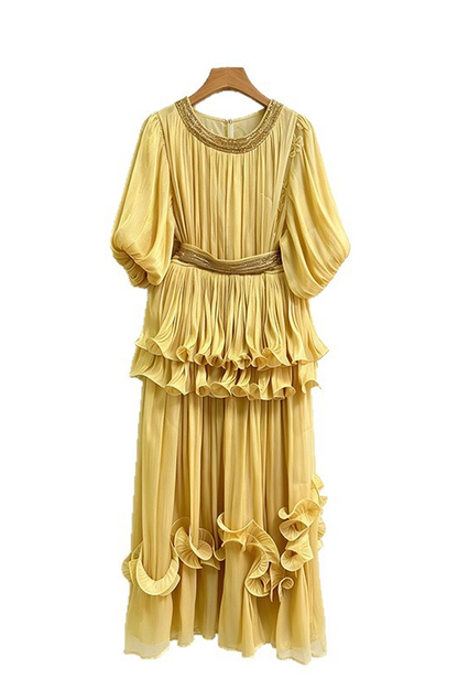 Shiny Lantern Sleeve Tiered Maxi Dress