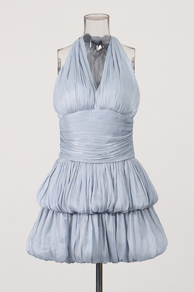 Blue Halter Ruched Tiered Mini Dress