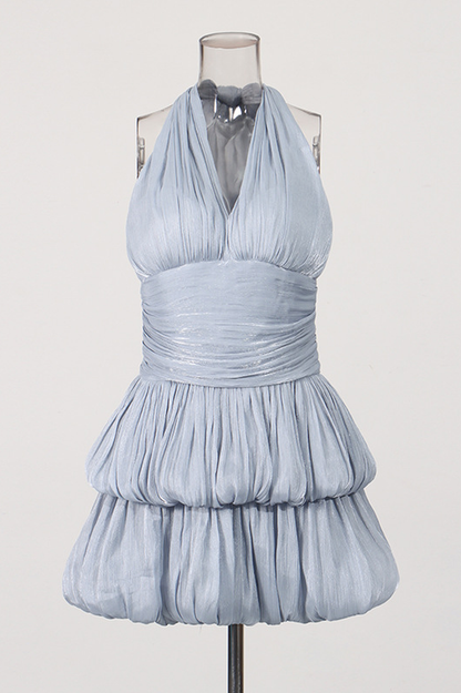 Blue Halter Ruched Tiered Mini Dress