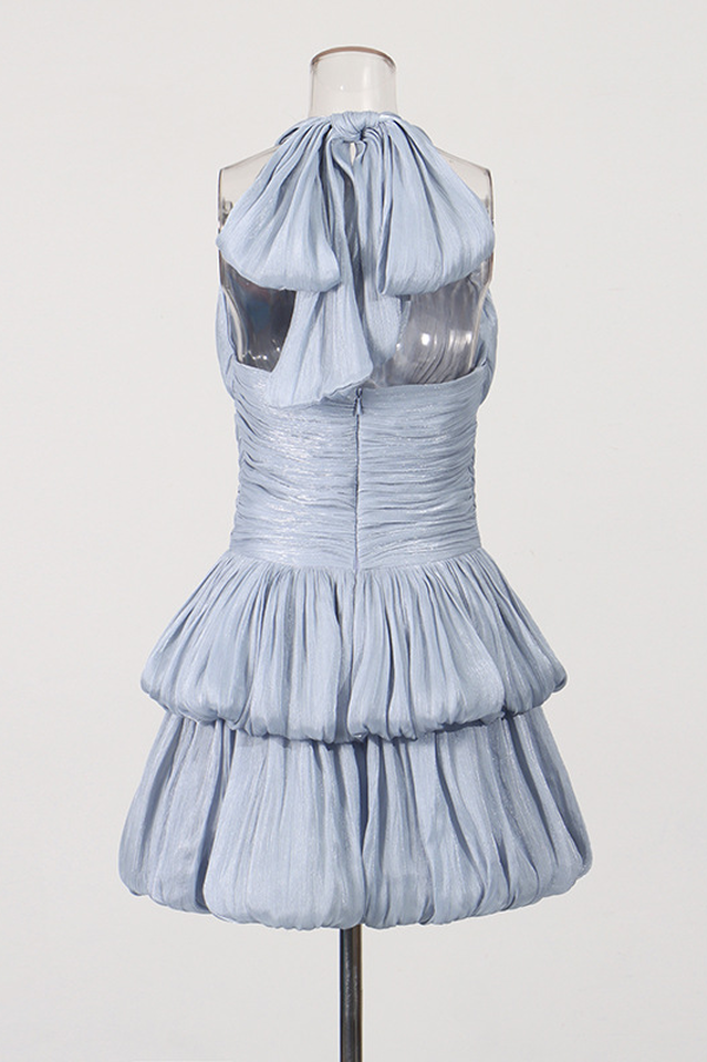 Blue Halter Ruched Tiered Mini Dress