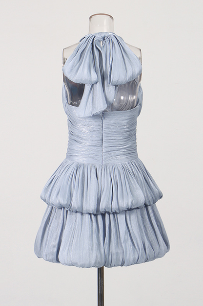 Blue Halter Ruched Tiered Mini Dress