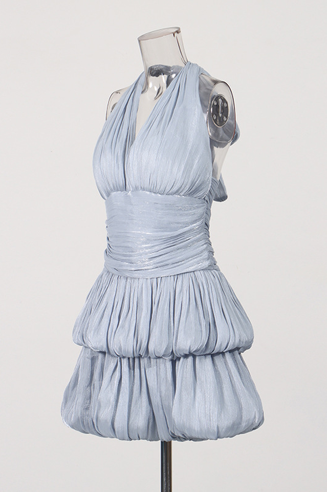 Blue Halter Ruched Tiered Mini Dress