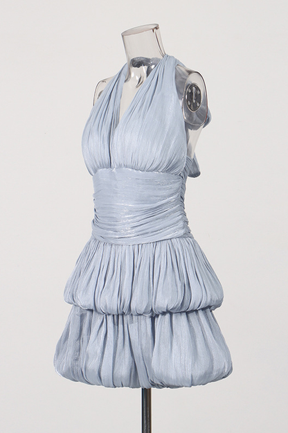 Blue Halter Ruched Tiered Mini Dress