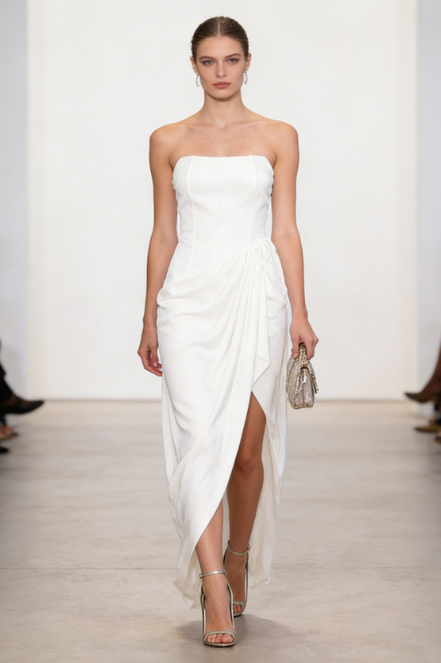 Wanda White Asymmetrical Ruched Midi Dress