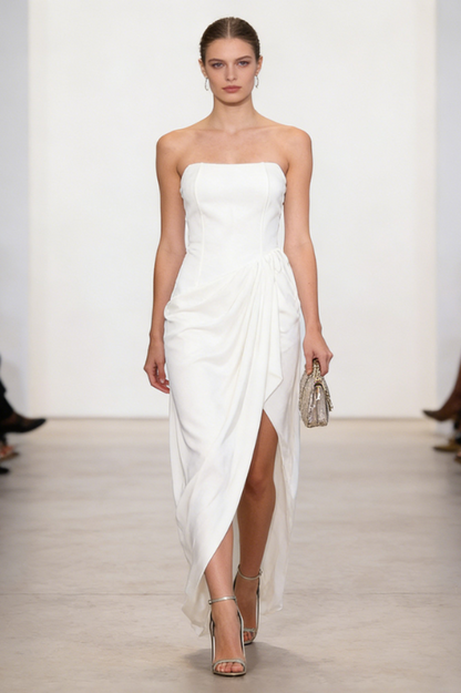 Wanda White Asymmetrical Ruched Midi Dress
