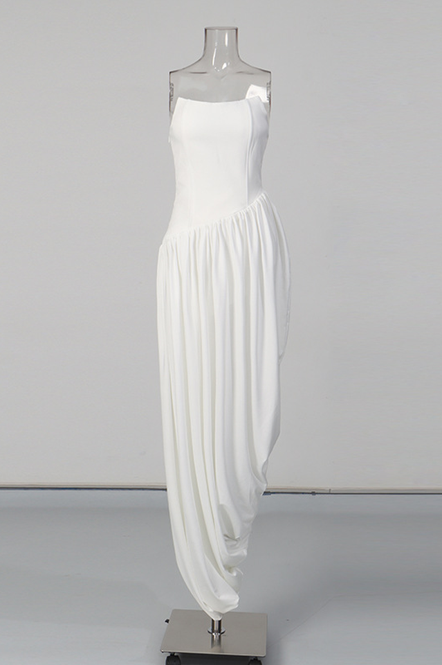 Wanda White Asymmetrical Ruched Midi Dress