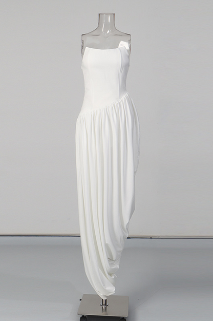 Wanda White Asymmetrical Ruched Midi Dress