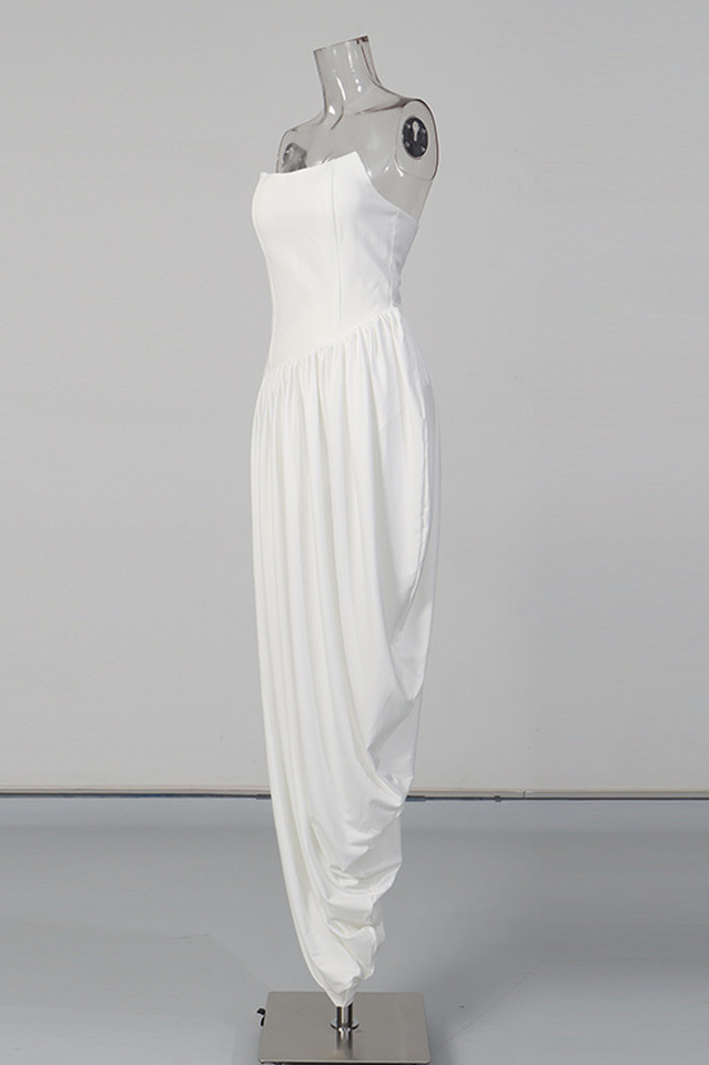 Wanda White Asymmetrical Ruched Midi Dress