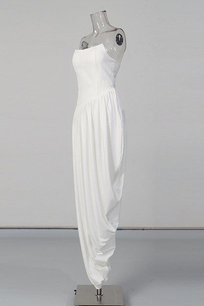 Wanda White Asymmetrical Ruched Midi Dress