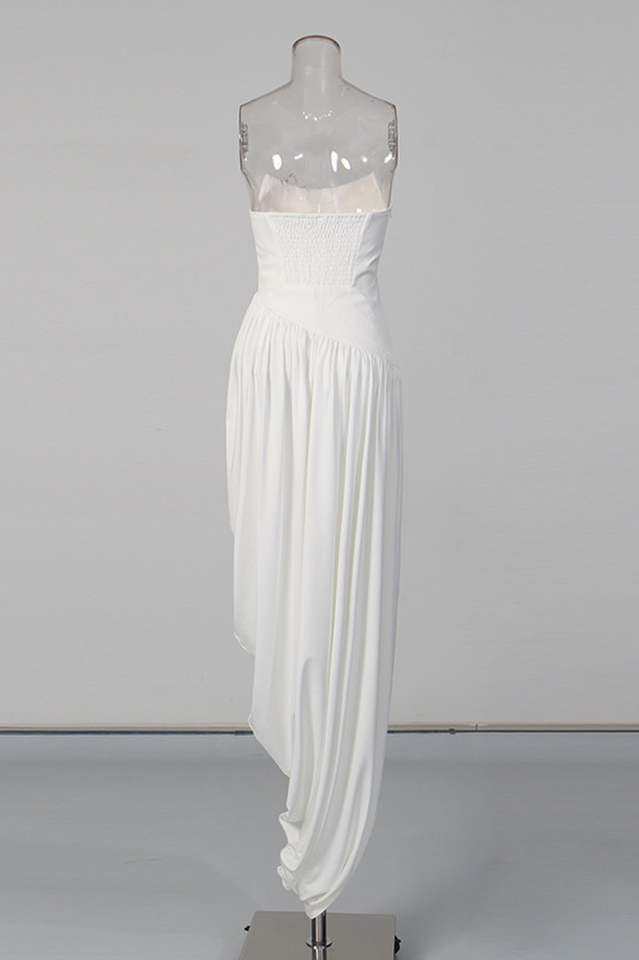 Wanda White Asymmetrical Ruched Midi Dress