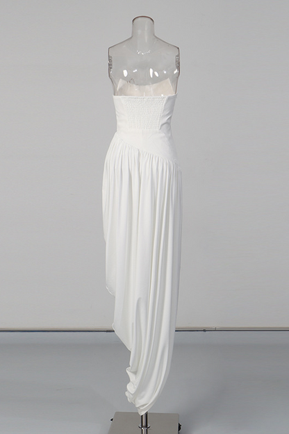 Wanda White Asymmetrical Ruched Midi Dress