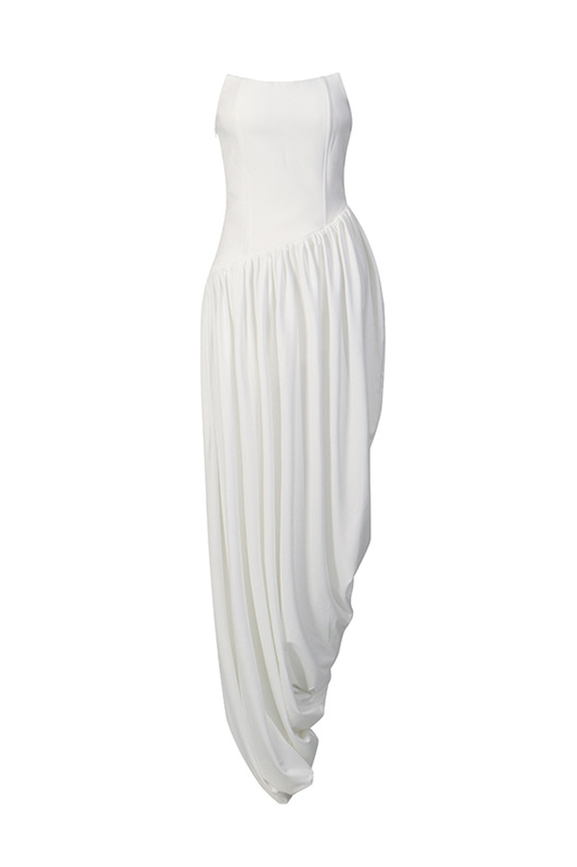 Wanda White Asymmetrical Ruched Midi Dress
