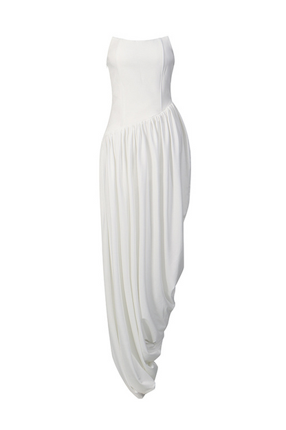Wanda White Asymmetrical Ruched Midi Dress