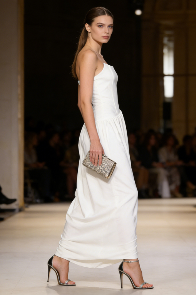 Wanda White Asymmetrical Ruched Midi Dress