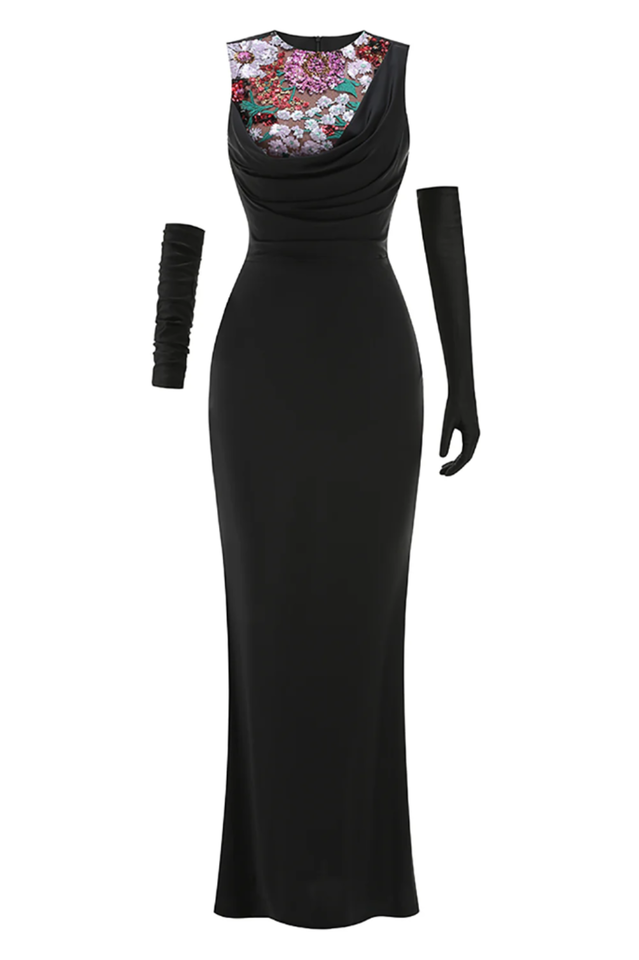 Sequin Detail Mxai Dress With Gloves
