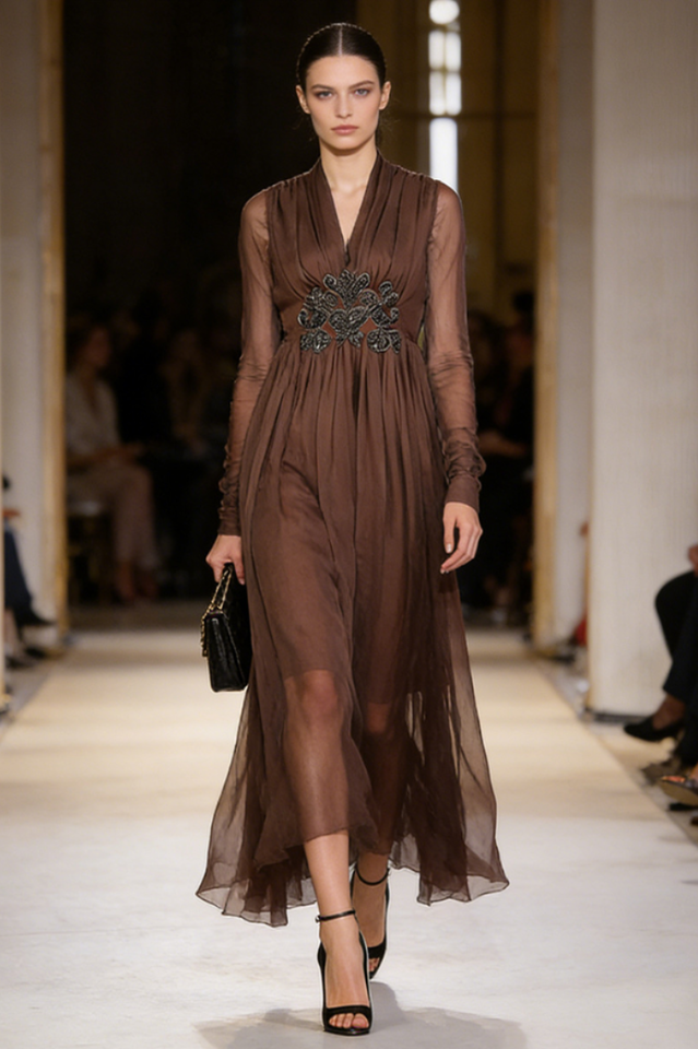 V-Neck Beaded Sheer Maxi Dress