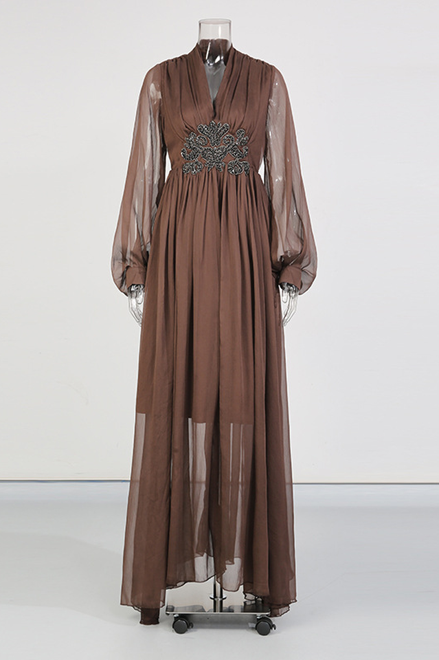 V-Neck Beaded Sheer Maxi Dress
