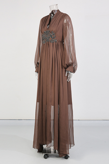 V-Neck Beaded Sheer Maxi Dress