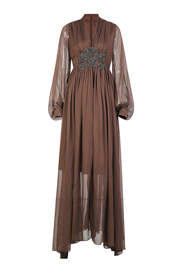V-Neck Beaded Sheer Maxi Dress
