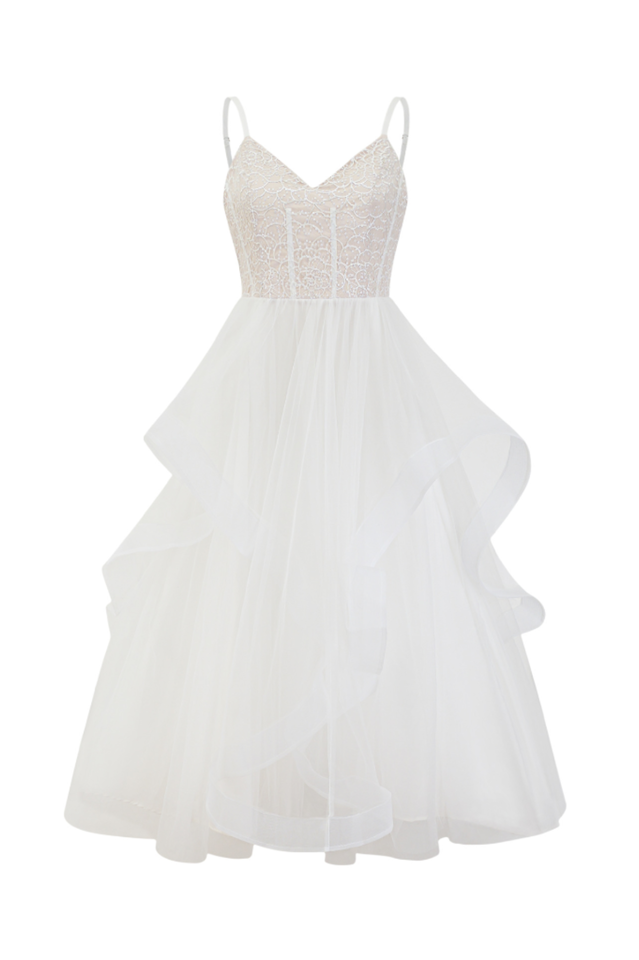 Lanelle Lace Ruffle Tulle Midi Dress