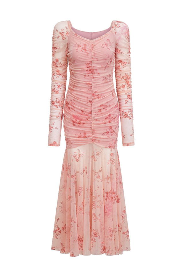 Floral Ruched Mesh Mermaid Maxi Dress