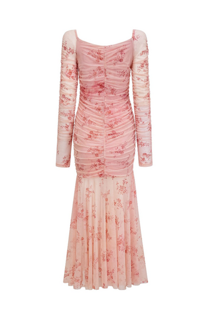 Floral Ruched Mesh Mermaid Maxi Dress