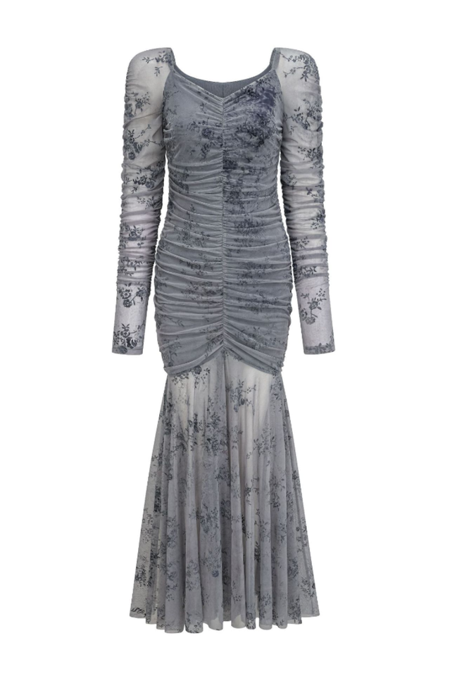 Floral Ruched Mesh Mermaid Maxi Dress
