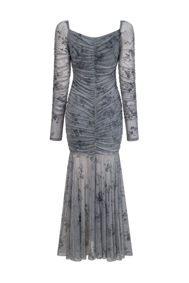 Floral Ruched Mesh Mermaid Maxi Dress