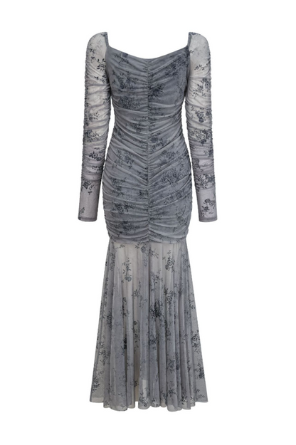Floral Ruched Mesh Mermaid Maxi Dress