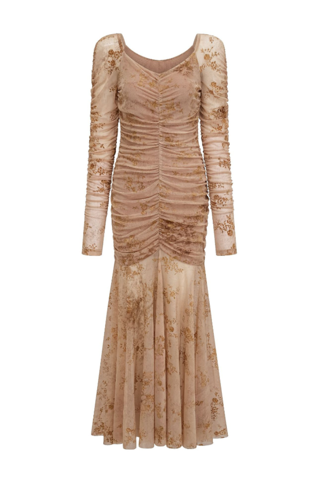 Floral Ruched Mesh Mermaid Maxi Dress