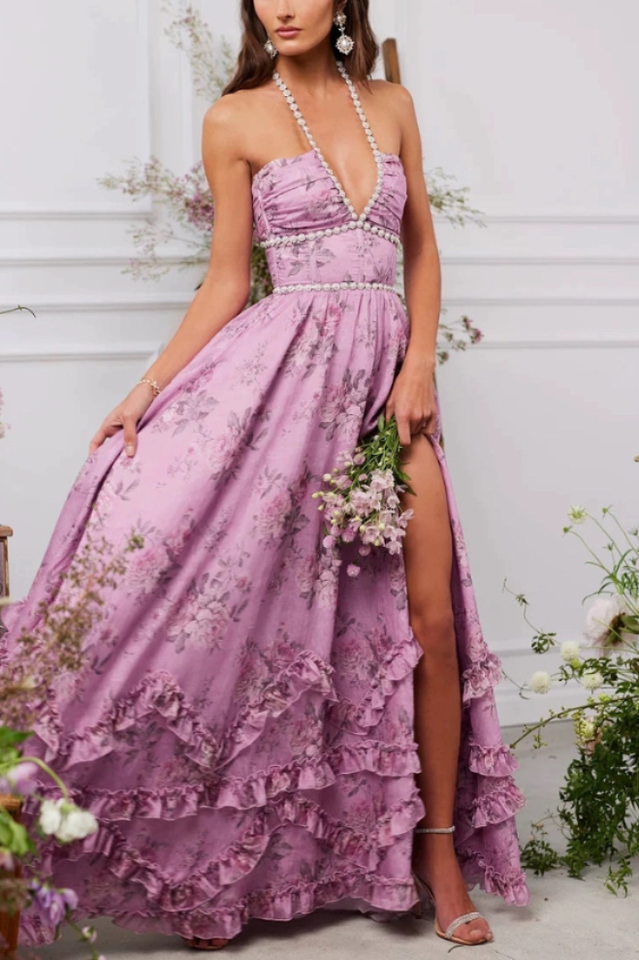 Floral Faux Pearl Frill Split Maxi Dress