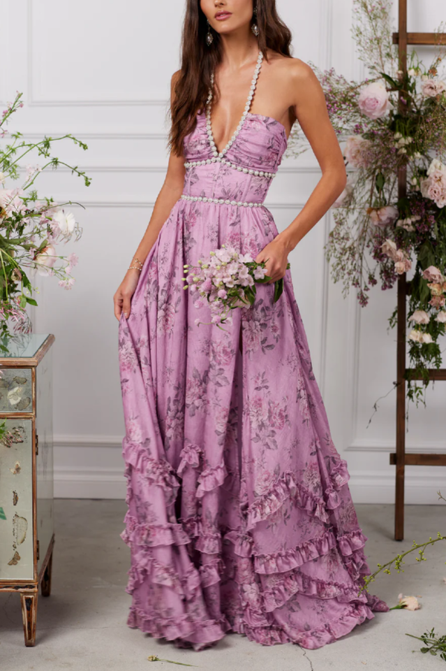 Floral Faux Pearl Frill Split Maxi Dress