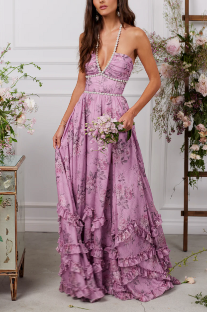 Floral Faux Pearl Frill Split Maxi Dress