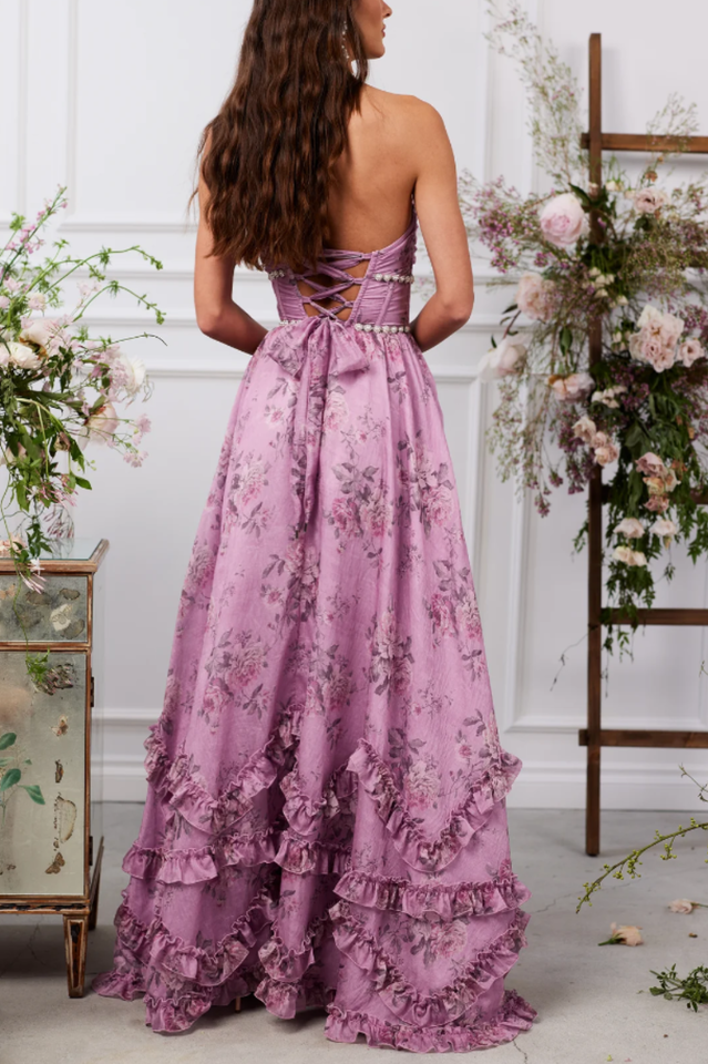Floral Faux Pearl Frill Split Maxi Dress