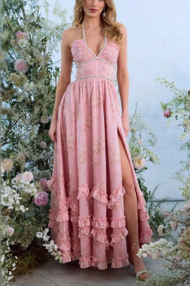 Floral Faux Pearl Frill Split Maxi Dress