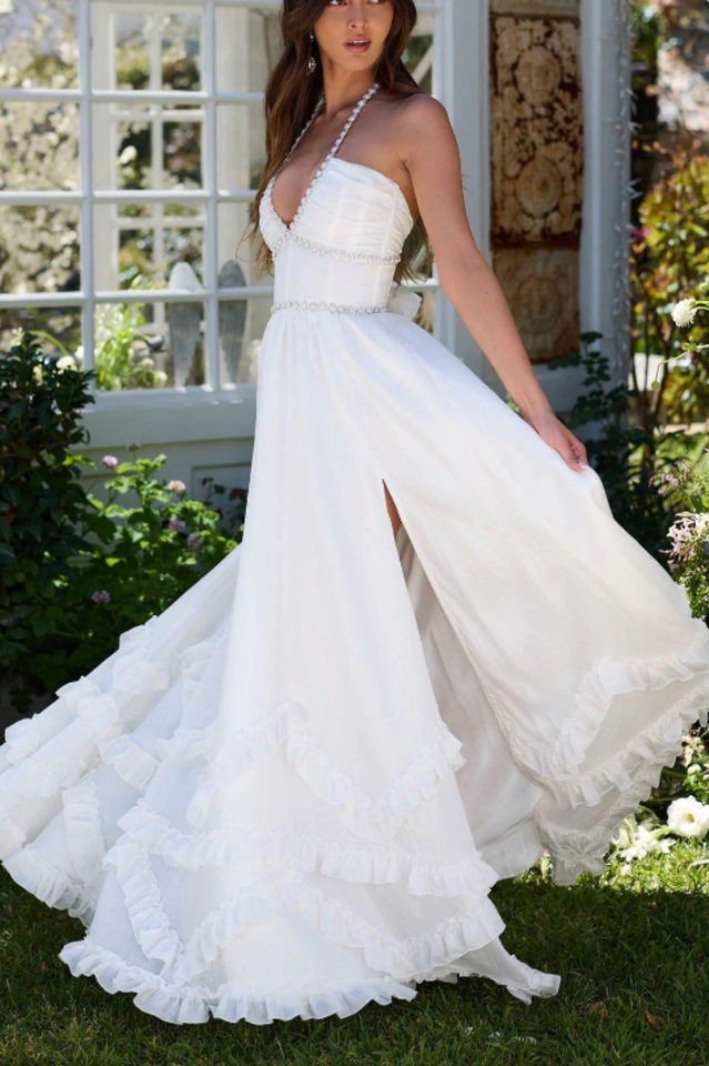 Floral Faux Pearl Frill Split Maxi Dress