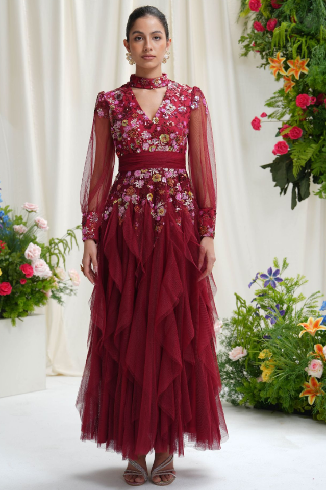 Burgundy Embellished Floral Tulle Evening Gown