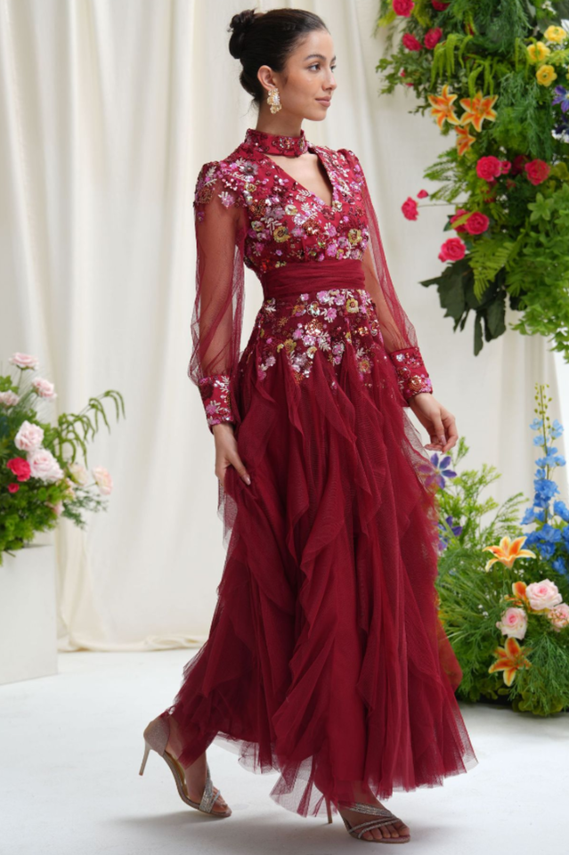 Burgundy Embellished Floral Tulle Evening Gown