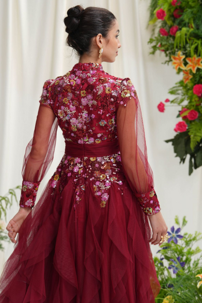 Burgundy Embellished Floral Tulle Evening Gown