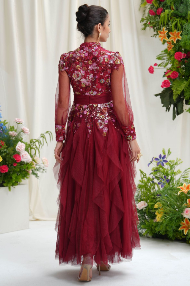 Burgundy Embellished Floral Tulle Evening Gown