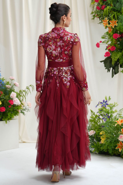 Burgundy Embellished Floral Tulle Evening Gown