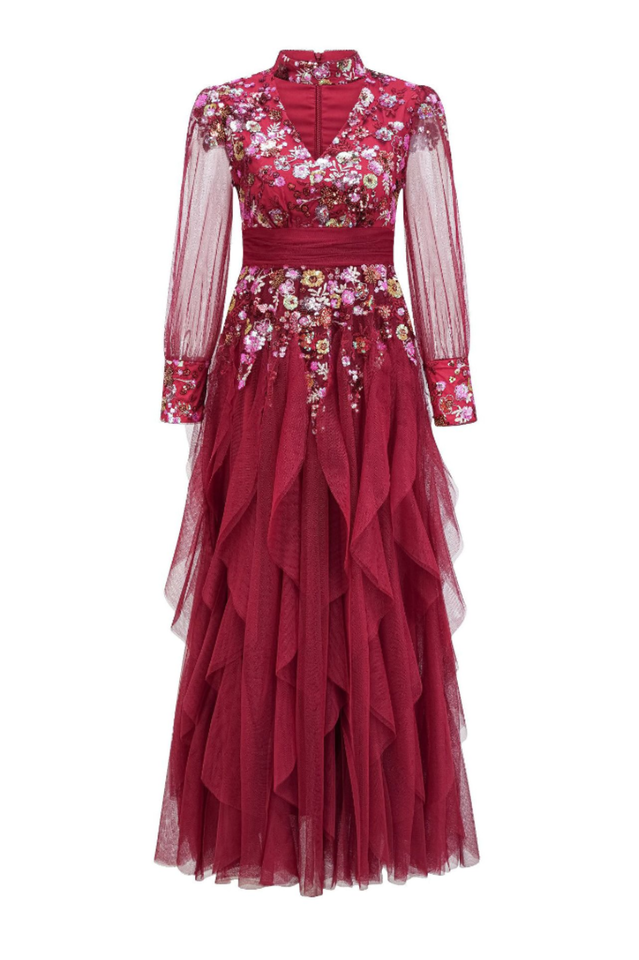 Burgundy Embellished Floral Tulle Evening Gown