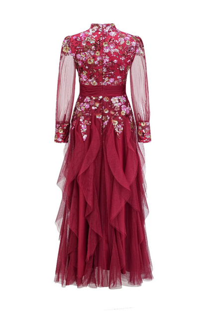 Burgundy Embellished Floral Tulle Evening Gown