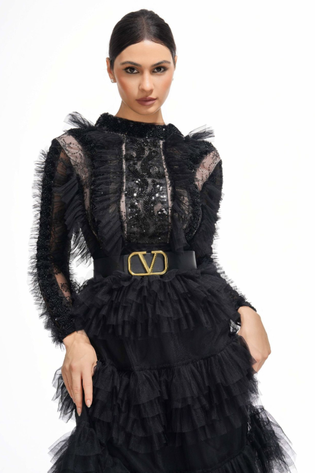 Midnight Allure Lace Sleeve Ruffled Dress