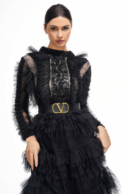Midnight Allure Lace Sleeve Ruffled Dress