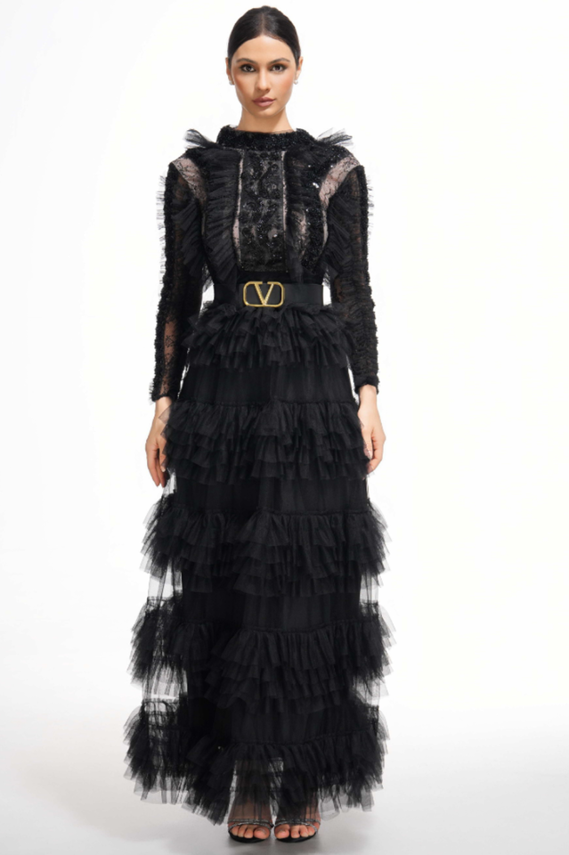 Midnight Allure Lace Sleeve Ruffled Dress
